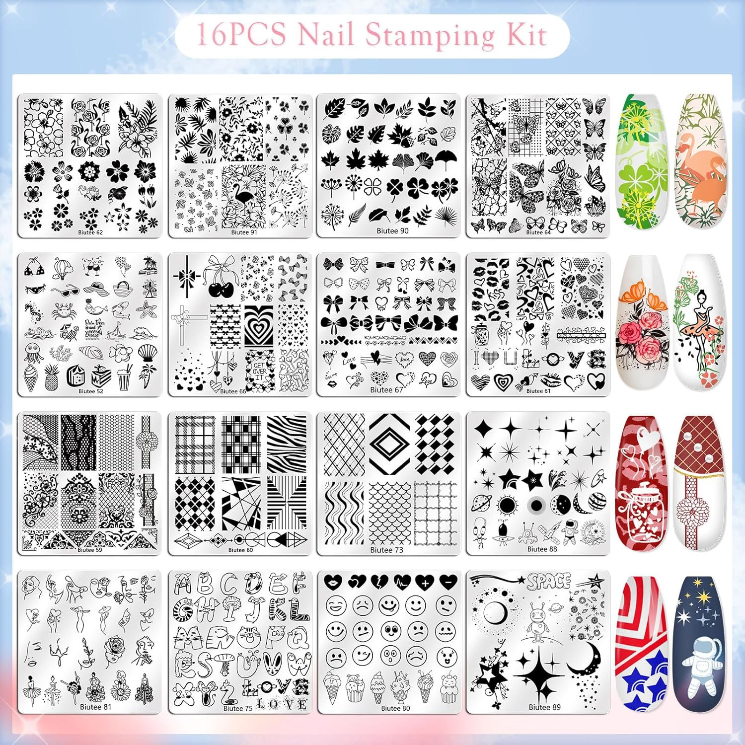 Nail Stamping Kit with 16 Nail Stamping Plates, Clear Jelly Nail Stamper, 2 Scra