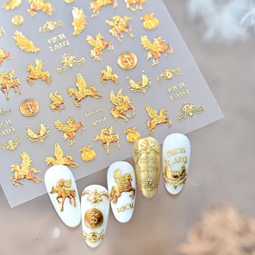 Gold Nail Stickers 5D Embossed Horse Animal Prints Nail Decals Soaring Color 7