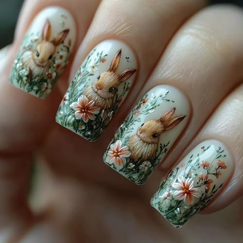 SINSEN Flower Press on Nails Short, Square Shape Spring Fake Nails, Embossed