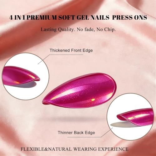Chrome Hot Pink Press on Nails Short Almond, Glitter Cat Eye almond hot pink
