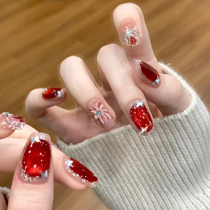 48Pcs-Red Cat Eye Fireworks Silver Glitter Medium Coffin Press on Nail Set