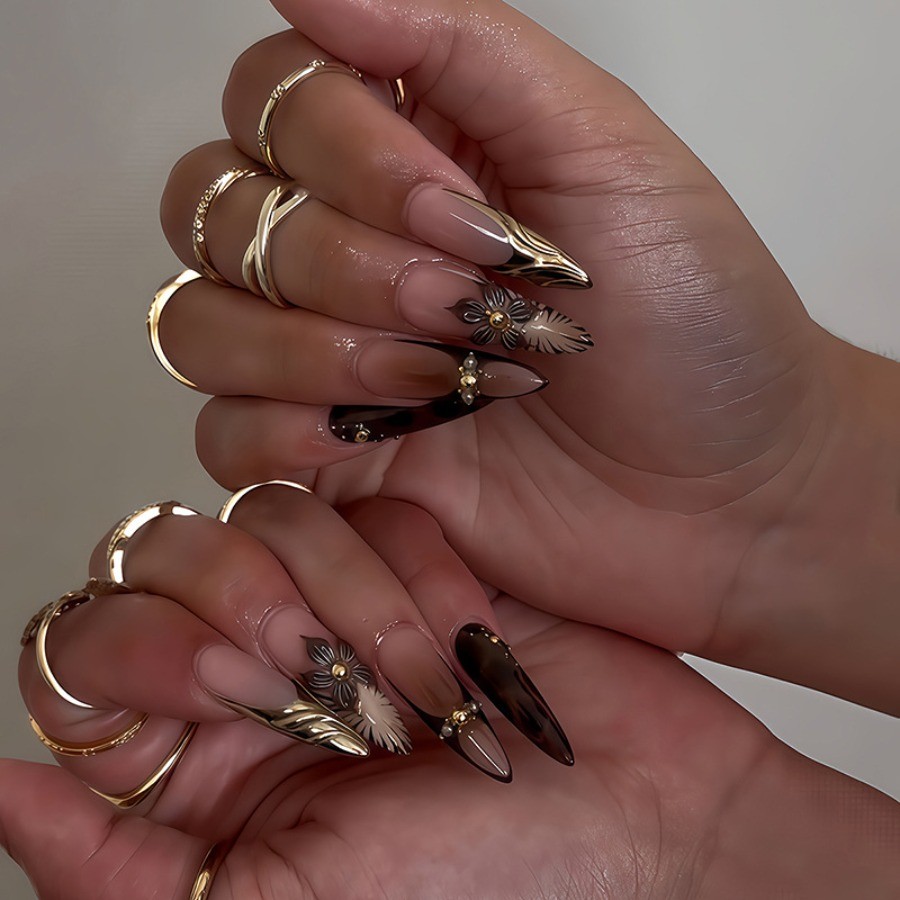 48pcs-Nude Press on Nails Black Gold Accent Floral French Tip Stiletto Set