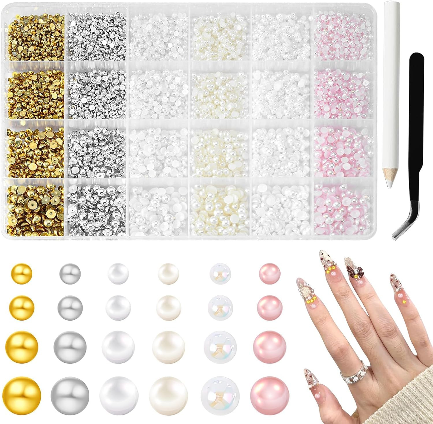 10000Pcs Nail Pearls, Flatback Pearl Charms for Nails Design in 6 Colors & 4 Siz