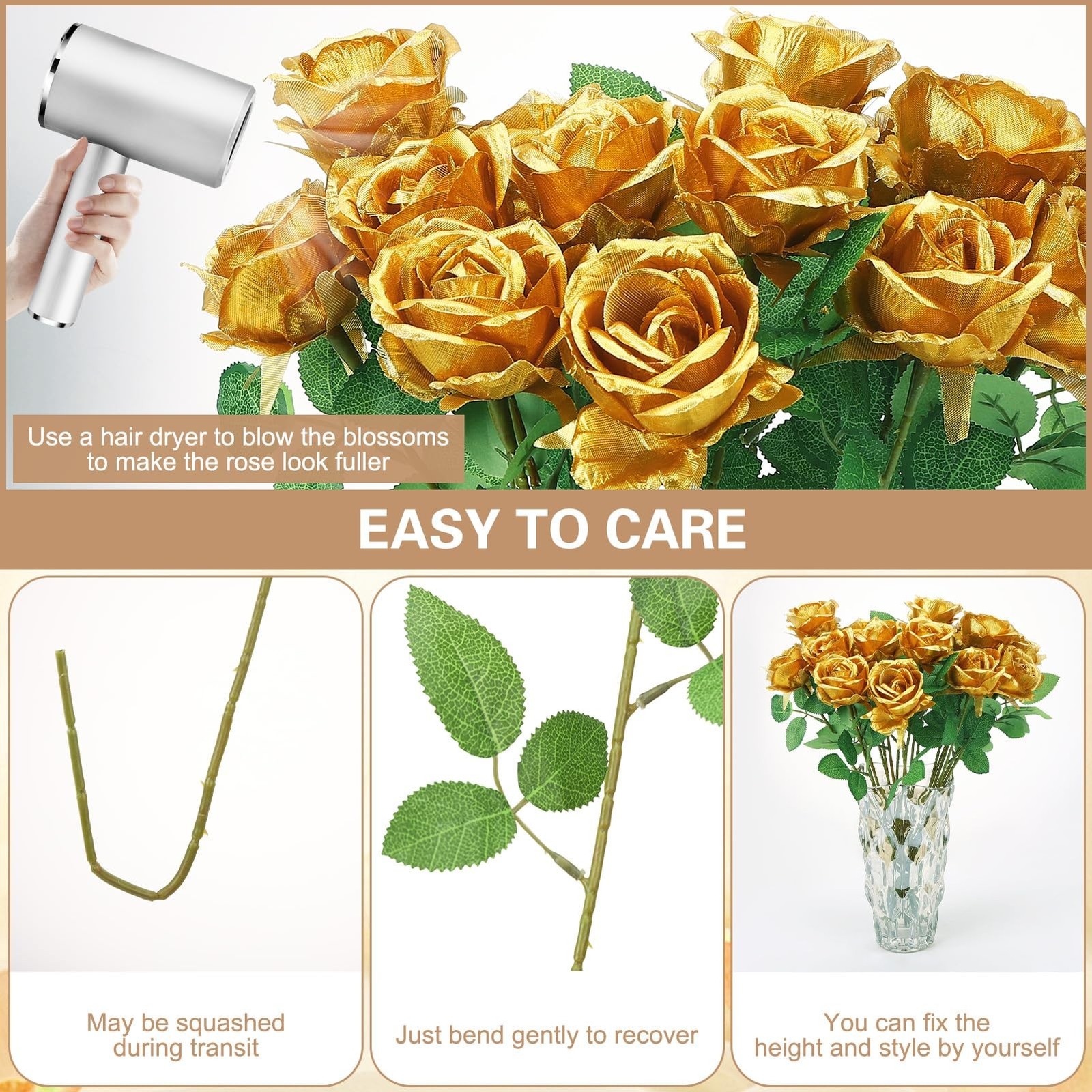 36 Pcs Gold Artificial Roses with Long Stems, Fake Silk Rose Artificial Flowe…