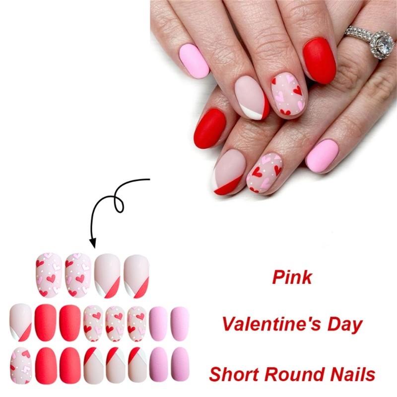 Trendy Short Flase Nail Press On Nail With Heart Designs For Everyday Wear