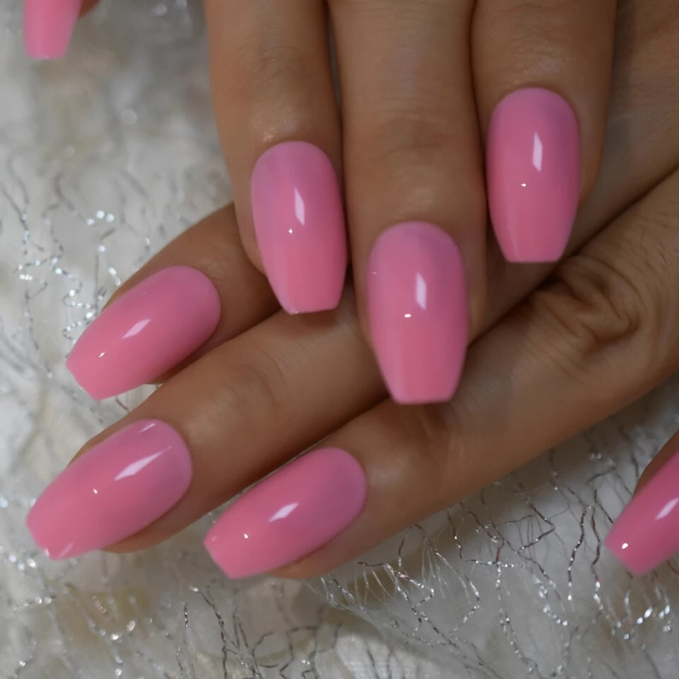 24 Medium Press on nails kit w glue bright pink coffin barbie