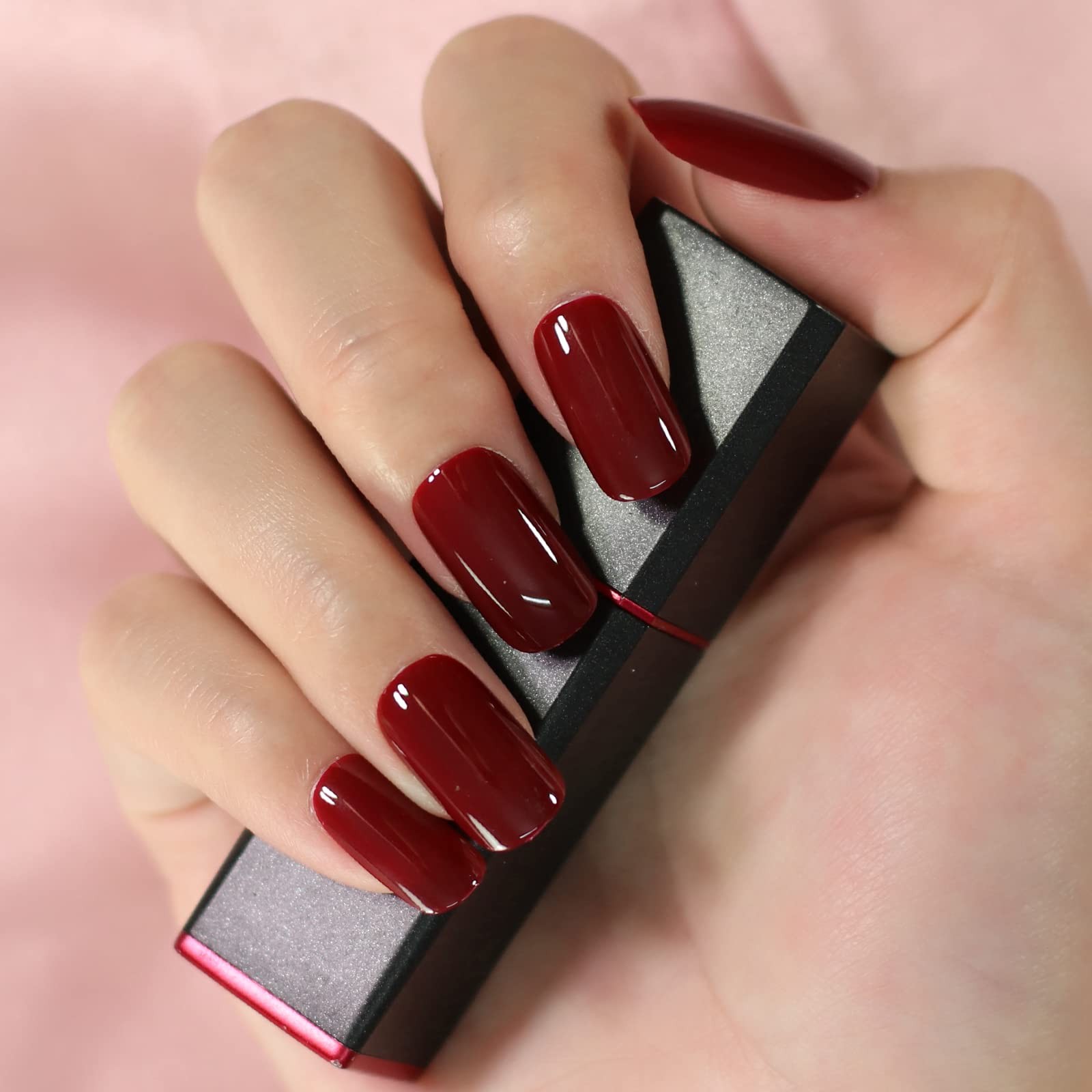 Glossy Dark Wine Red Press on Nails,Short Squoval False Nails,Beauty Solid Co…
