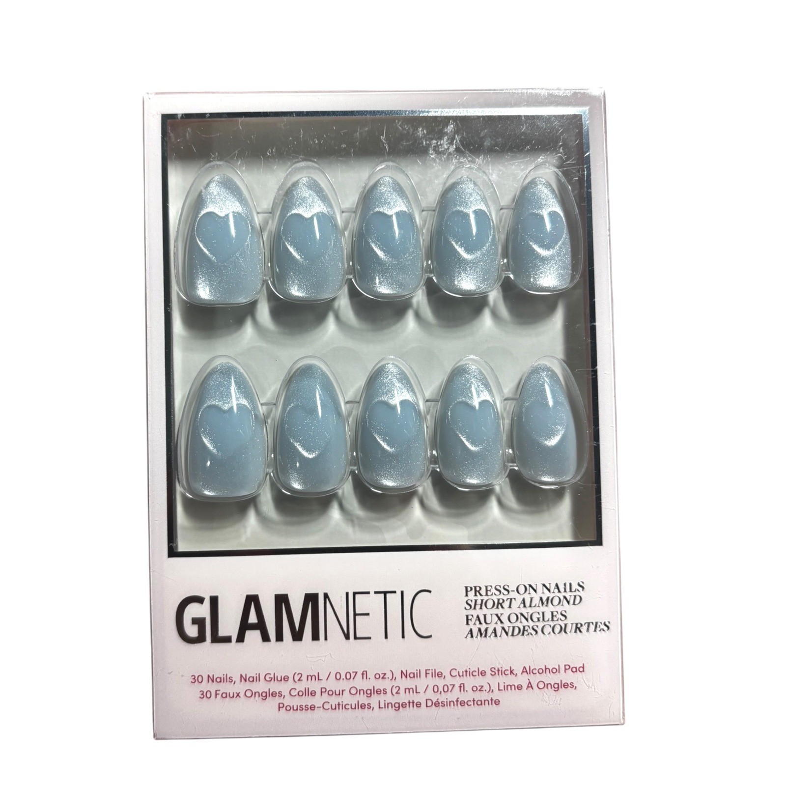 Glamnetic Press-On Nails Short Almond Light Blue Cat Eye Heart Velvet 30 Count