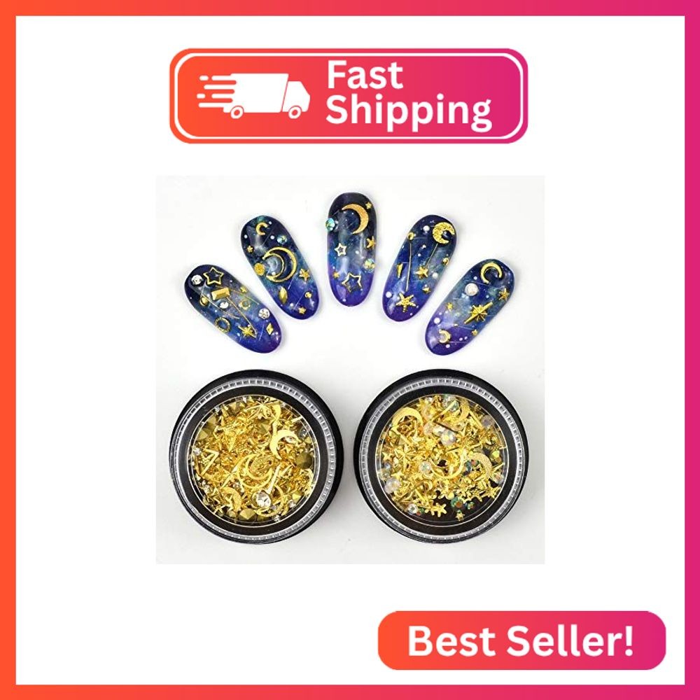 MEILINDS Gold Nail Studs Gems Sparkle Rhinestones Metal Rivets Charms Hollow Moo