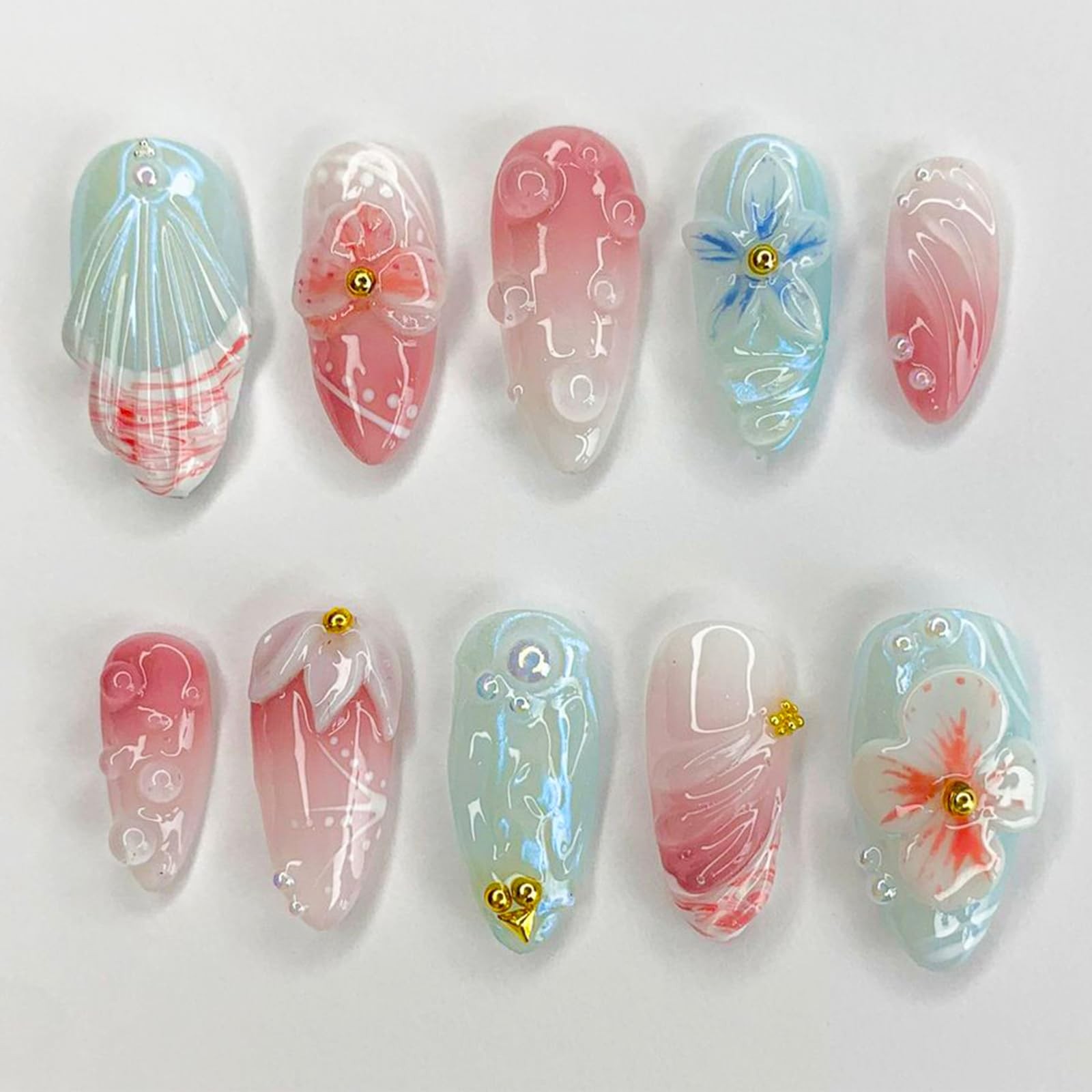 30Pcs Summer Press On Nails Medium Almond Fake Nails with 3D Flower and Gold …