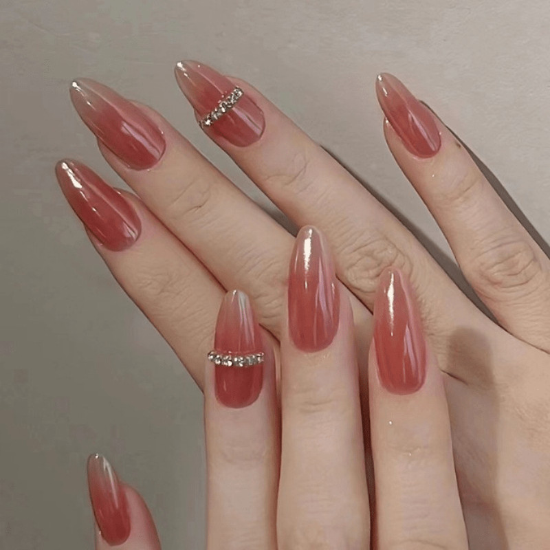 60Pcs Peach Gradient Rhinestone Almond Press on Nails, Elegant Nude Fake Nails