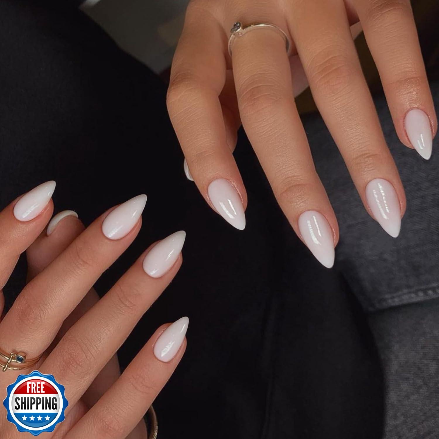 SXVME White Press on Nails Short Almond Shaped, White Nails Press on, Natural