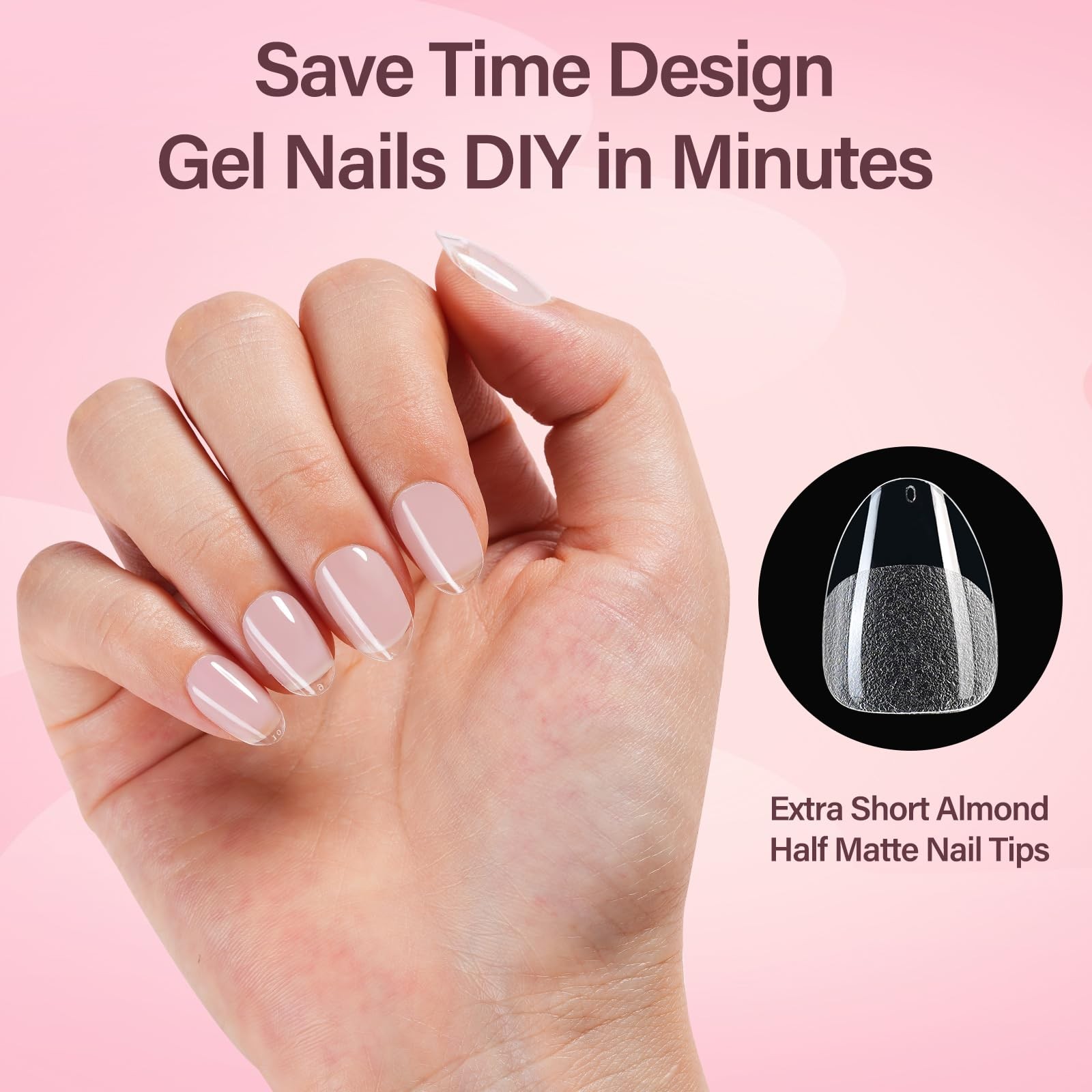Extra Short Almond Gel Nail Tips, 216Pcs Pre Etched Clear Fake Nails, Full Co…