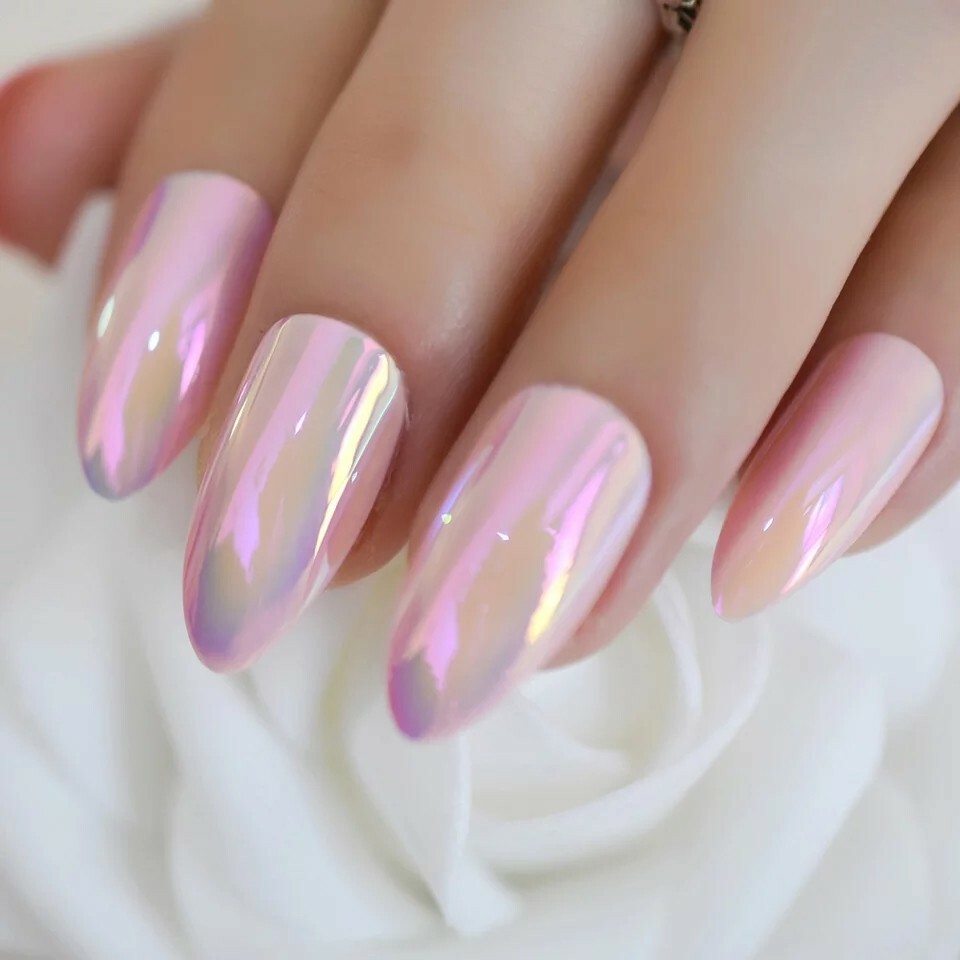 24 Pink Chrome Mirror medium almond Press On Nails Set glue chameleon peach