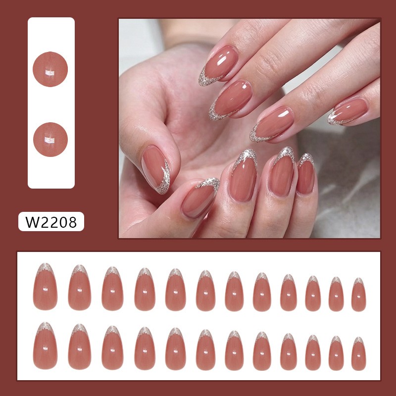 48 Pcs Silver Glitter French Press on Nails, Oval Nude Elegant Glossy Fake Nails