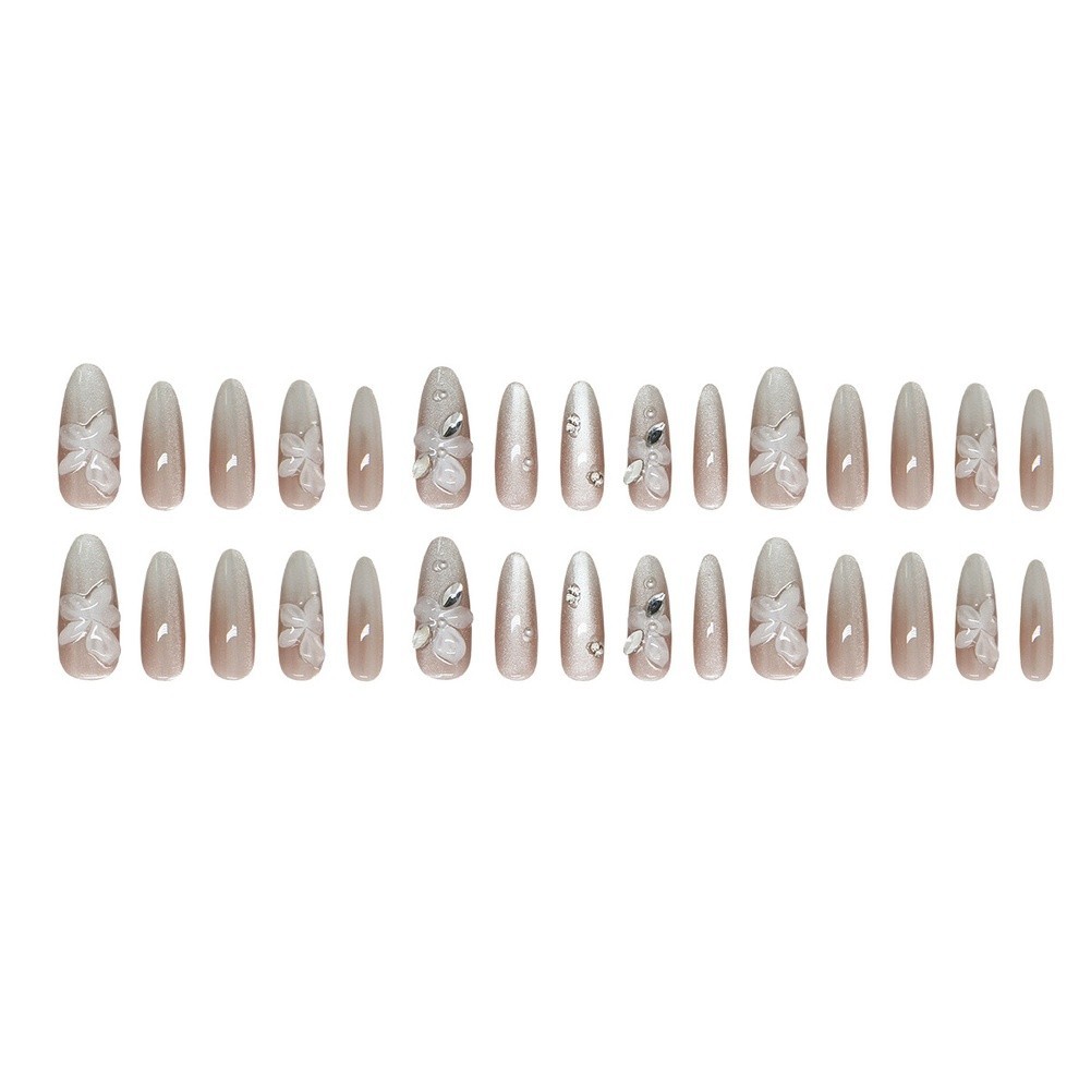Cat Eye Gradient Press On Nails Featuring Pear Blossom Glitter Accents