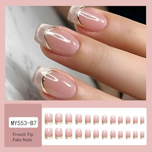 French Tip Press on Nails Short Square Nails Press Ons with Gold Lines Nude-3