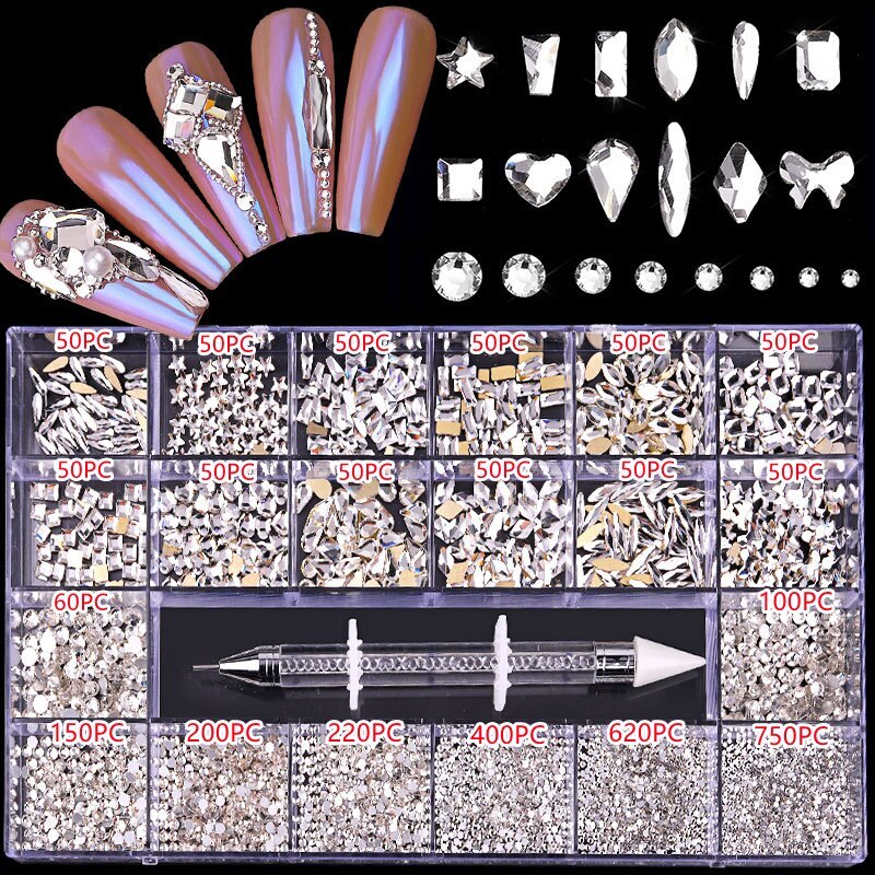 3100PCS/Boxed Luxury Rhinestone Nail Art Jewelry Set Glass Nail Crystals Box