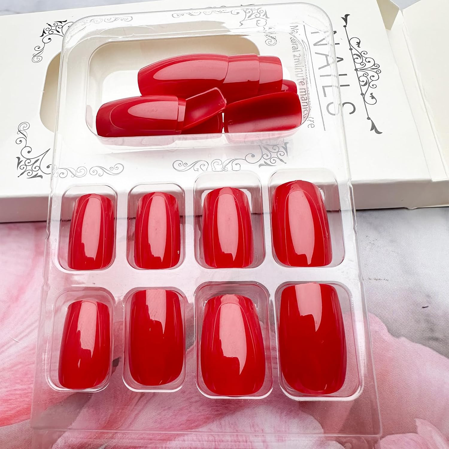 Red Press on Nails Short Square Fake Nails Classic Red Glossy Handmade Color-2
