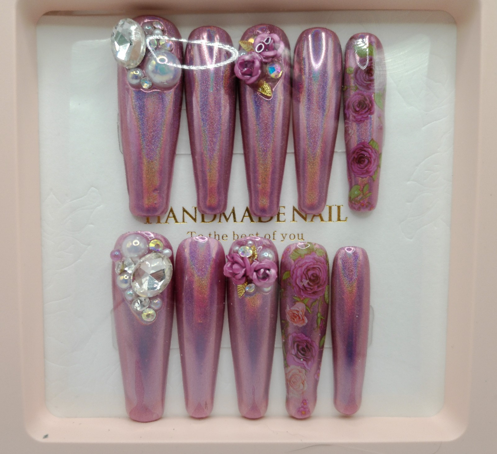 Extra Long Press-On Coffin Nails, Pink Chrome, Floral and Gem Accents – Large