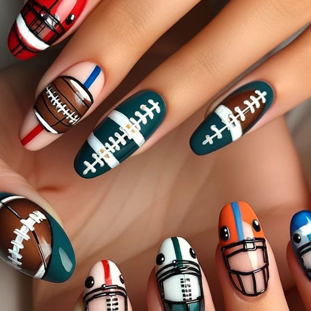Football Press on Nails Medium Almond Fake Nails Acrylic Cute Football Helmet…