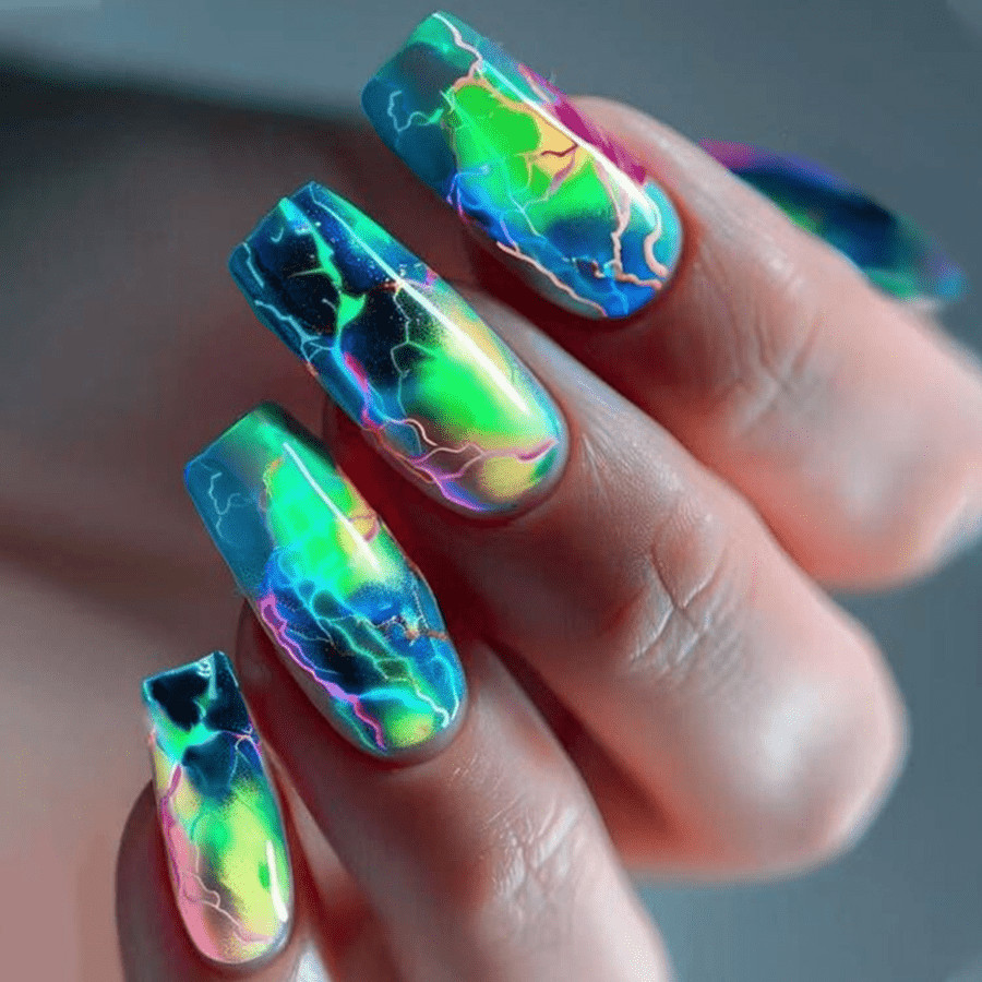48P Long Coffin Press on Nails Neon Colorful Lightning Trendy Fake Nails