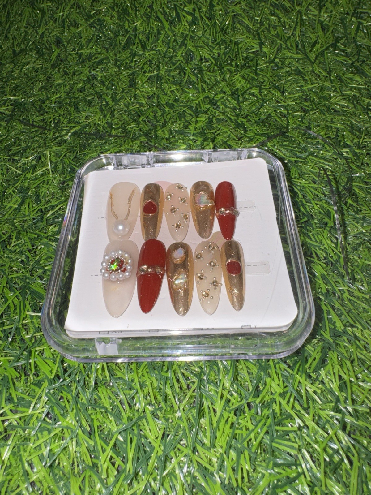 Nail Studio Press-On Nails Medium Almond Red/Gold/Beige 3D Pearl Glitter Full