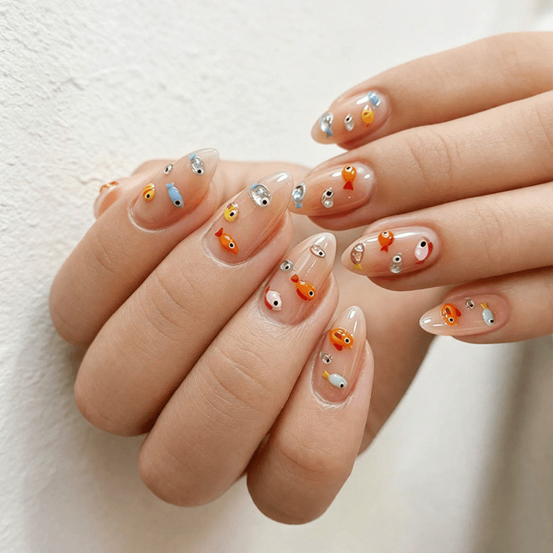 30Pcs-Medium Almond Nude Cute Summer 3D Goldfish Mini Rhinestone Press on Nails