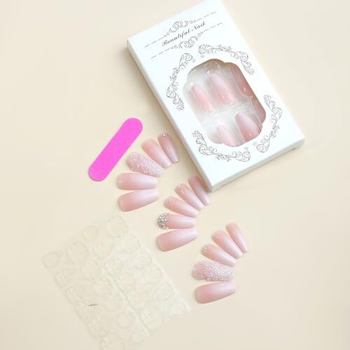 Pink Press on Nails Long Square Coffin Fake Nails Pink White 3-Pink Gradient