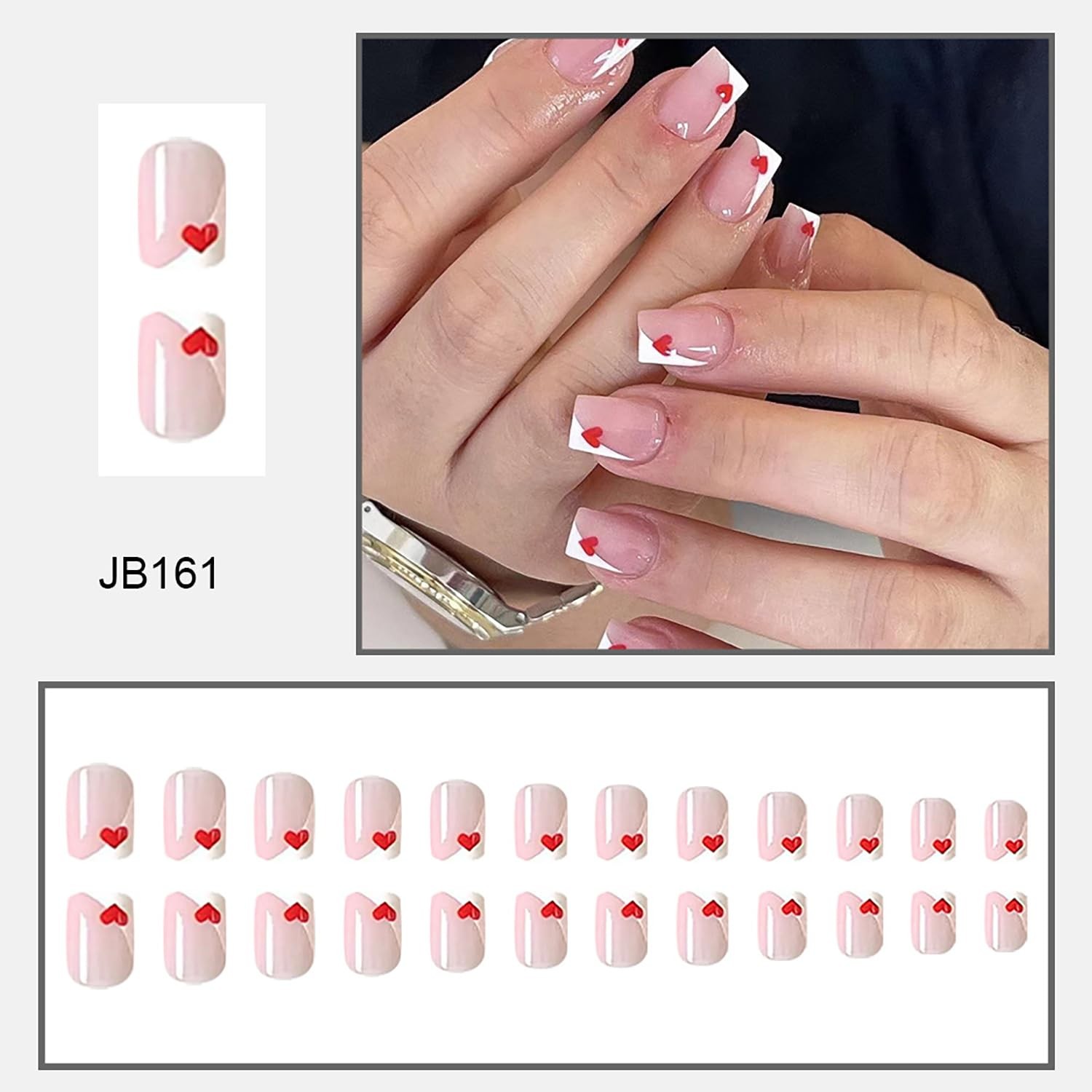 Valentine’s Day Fake Nails Heart Press on Nails French Tip Glue on Nails Shor…