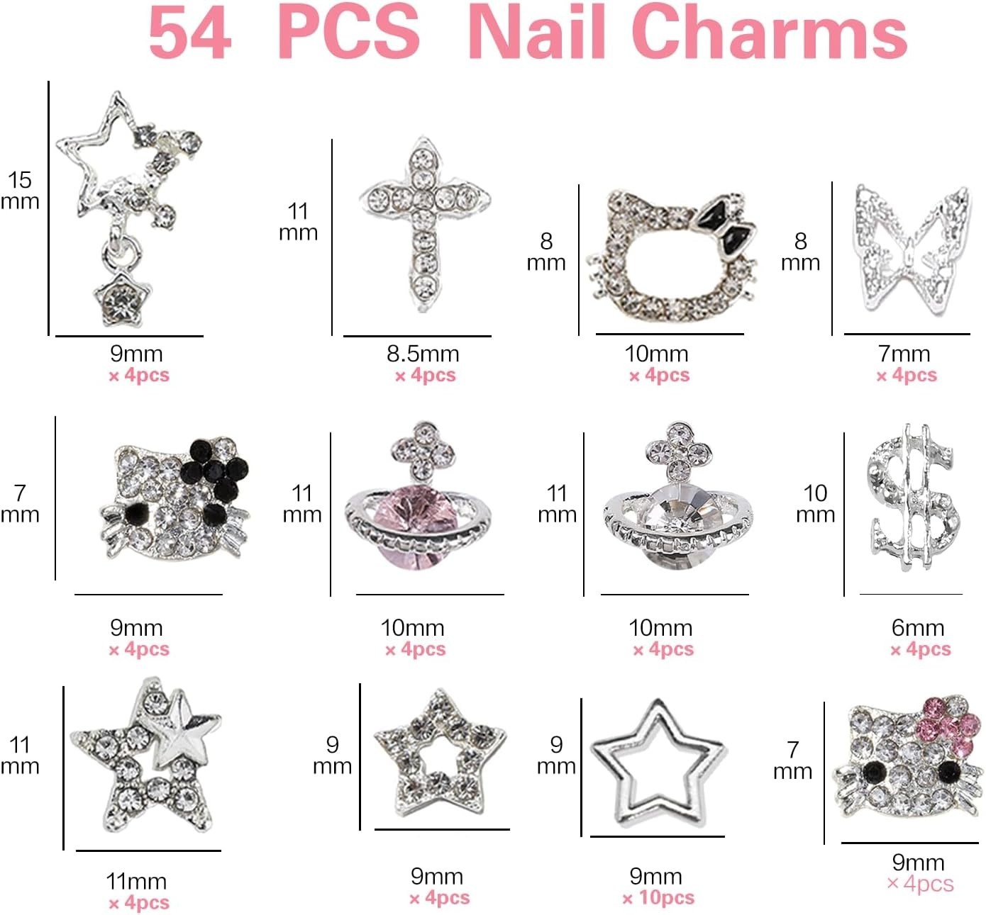 Elevate Your Nail Game with 56pcs Silver Y2K Charm Set – For Acrylic Nails