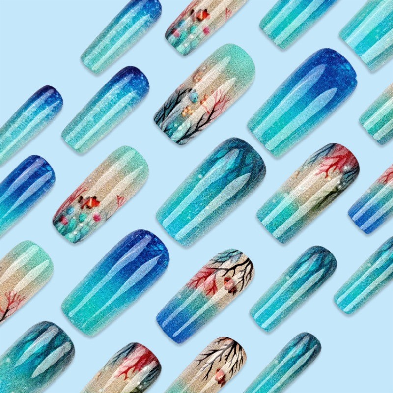48pcs-Underwater Press on Nails, Blue Ombre with Coral, Fish and Glitter Accents