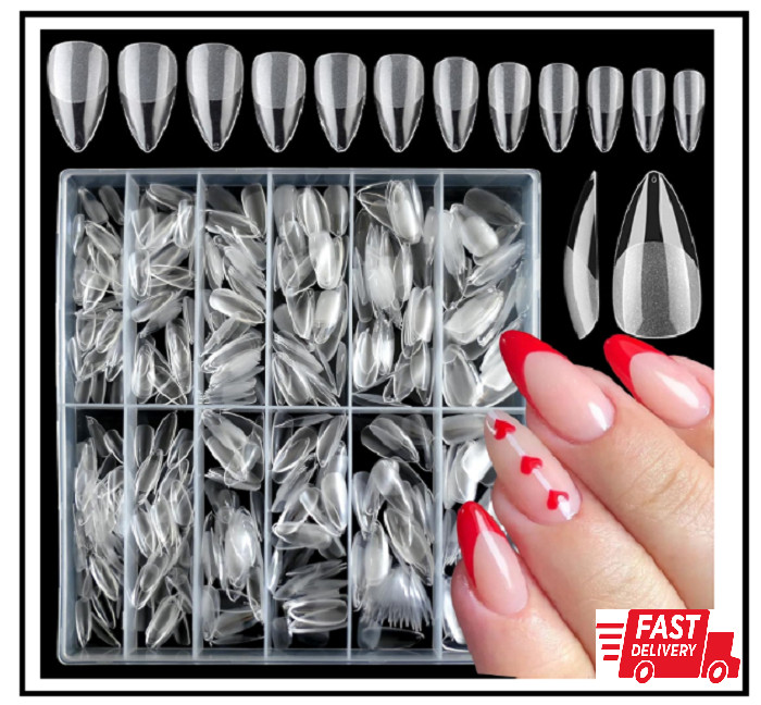 600pc Almond Gel X Nail Tips Full Cover Short Stiletto Fake Nails Clear Mediu…