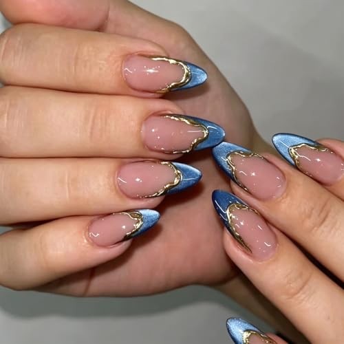 Blue French Press on Nails Almond Medium Cat Eyes Fake Nails with Gold style 13