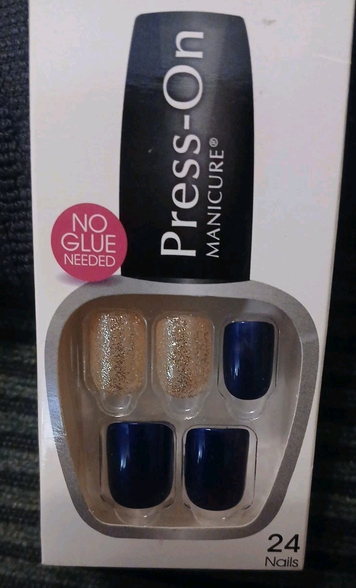 Kiss Press-On Manicure 24 Short Square Tip Nails- Royal Blue Gold Glitter Accent