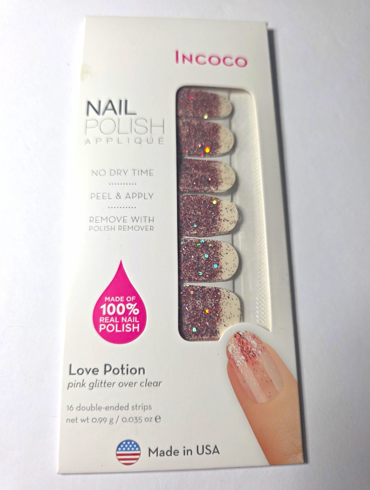 Incoco Love Potion Pink/Clear Glitter Nail Polish Strips Short Square FDG142