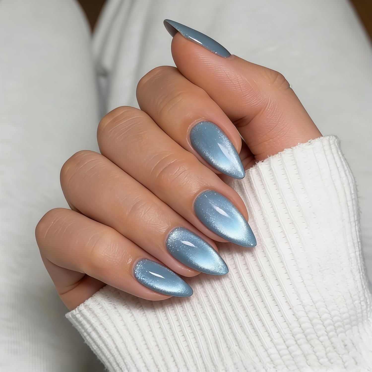 KQueenest Pastel Pale Pink Cat Eye Press On Nails, 30 Pcs 15 Sizes Shiny