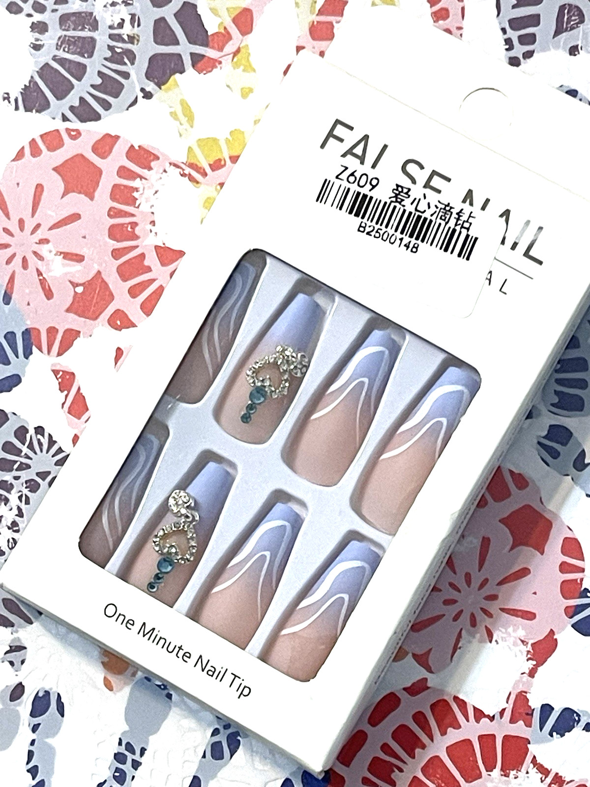 False Nail Professional NUDE LIGHT BLUE OMBRÉ with WHITE SWIRLS & HEART CHARM