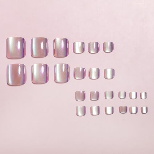 Short Press on Toenails Cat Eye Toe nails Press ons Pink Fake Pink Chrome