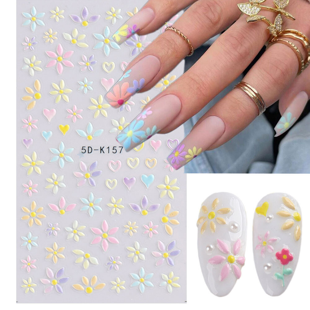 5D Nail Stickers Embossed Daisy Flower Bride Decals Nail Art Decoration DIY Chic