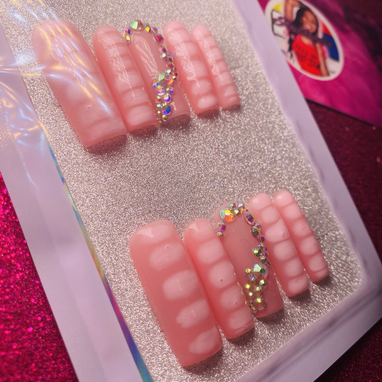Square Press-On Nails Pink Shiny 3D Sparkle by Authentic Nail Arts by Dia