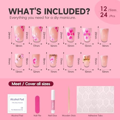 HOSAILY 3D Hot Pink Flower Summer Beach Press on Nails Short Pink Flower Duck