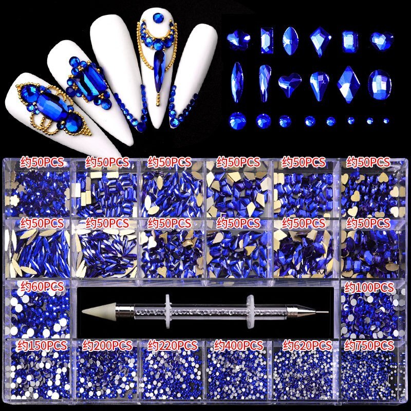 Nail Art Rhinestones Kit 3D Alloy Gems Crystal Nail Art Decorations Diamonds DIY