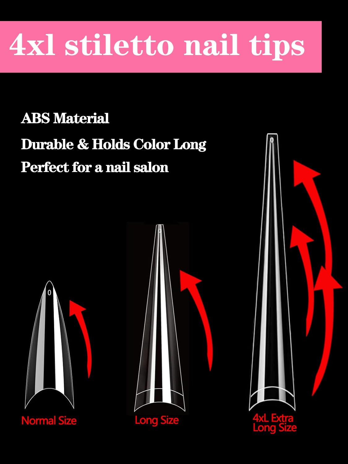 Puntas de uñas stiletto 4XL, largas y transparentes, para uñas acrílicas