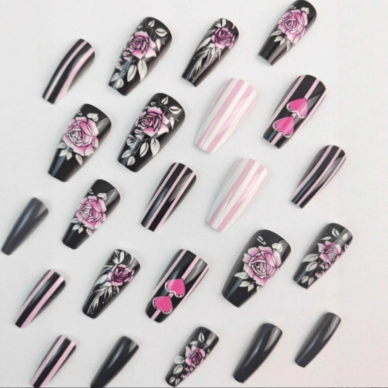 48 Pcs Rose Heart Stripe Black Coffin Press on Nails, Cool Trendy Fake Nails