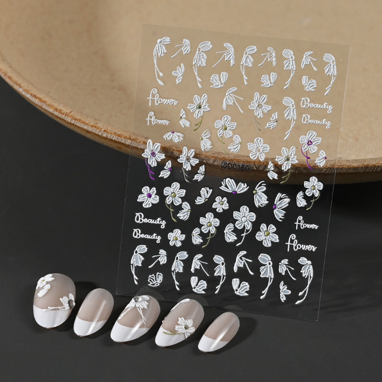 5D Embossed White Tulip Camellia Flower Leaf Nail Stickers Manicure Slider NS53