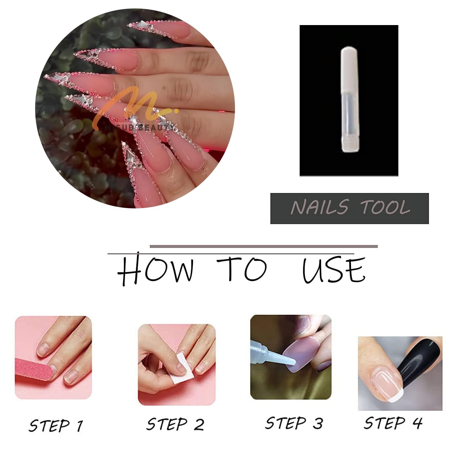 Press on Nails – Long Stiletto Glue on Nails with Bling Glitter, Acrylic Luxu…