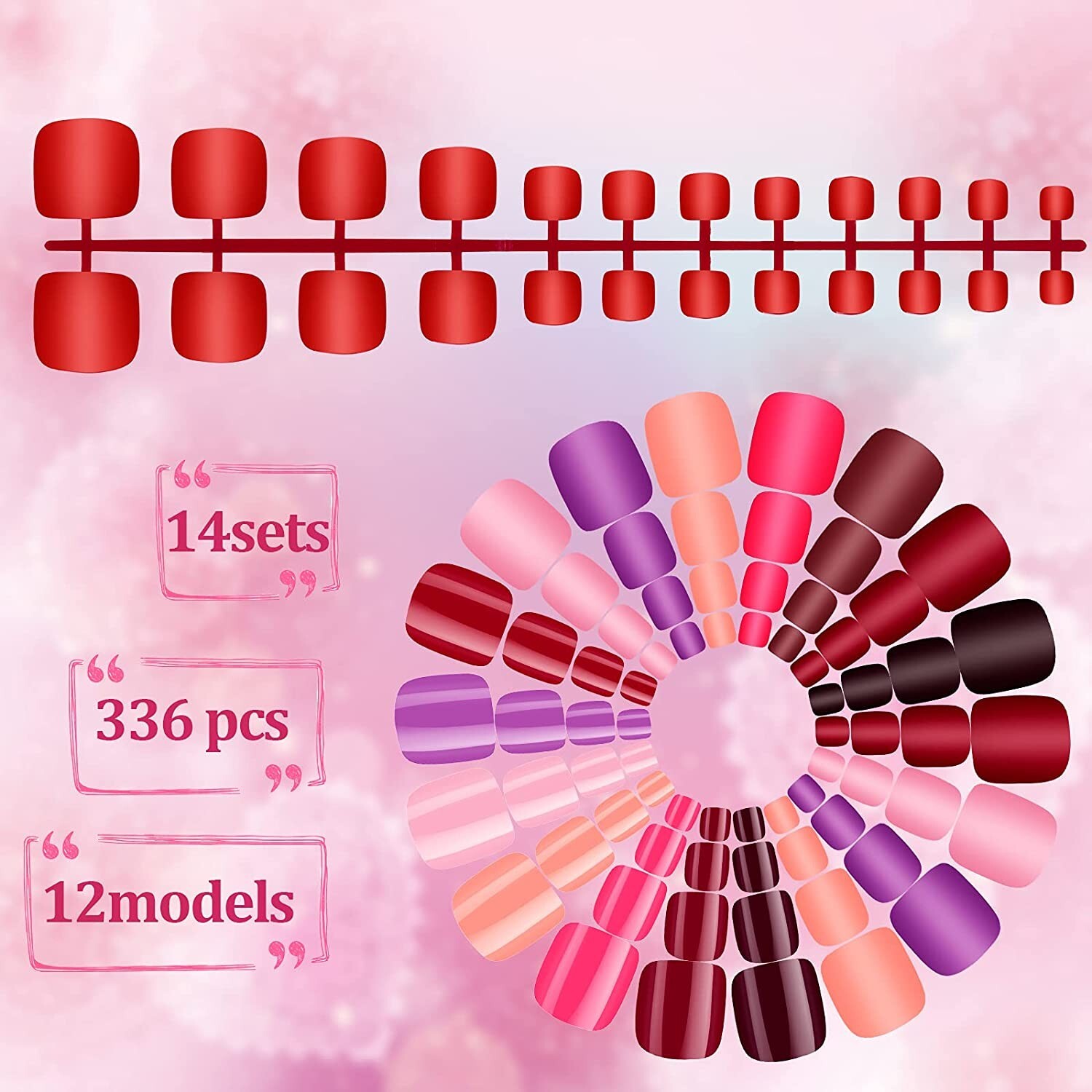 336 Pieces 14 Sets Matte Short Square False Toe Nails Solid Color Glossy False