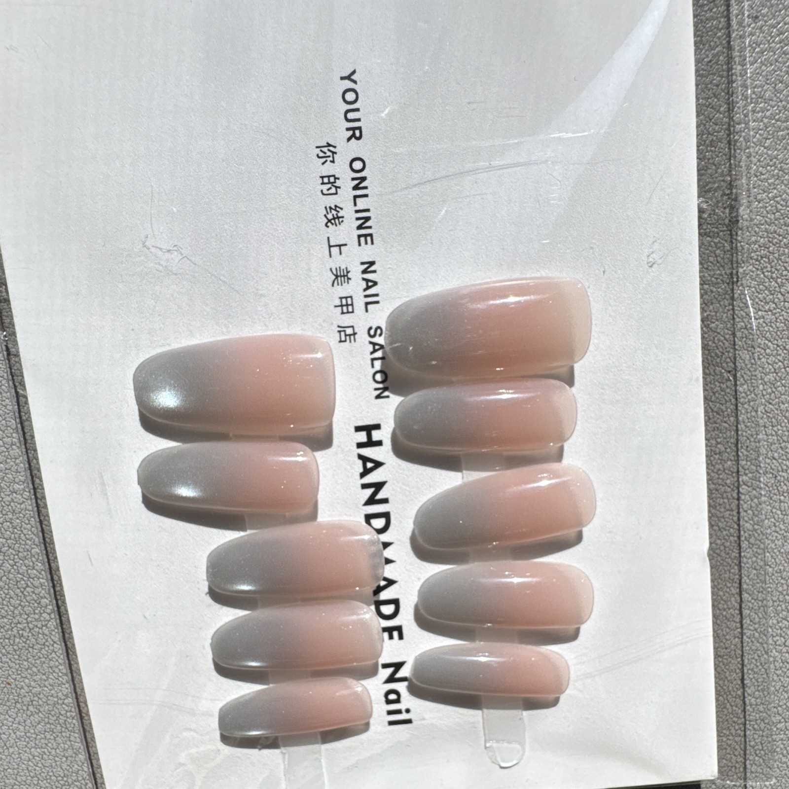 Press-On Nails Coffin Long Pink/Gray Ombre Shiny Full Cover Pre-Designed Set