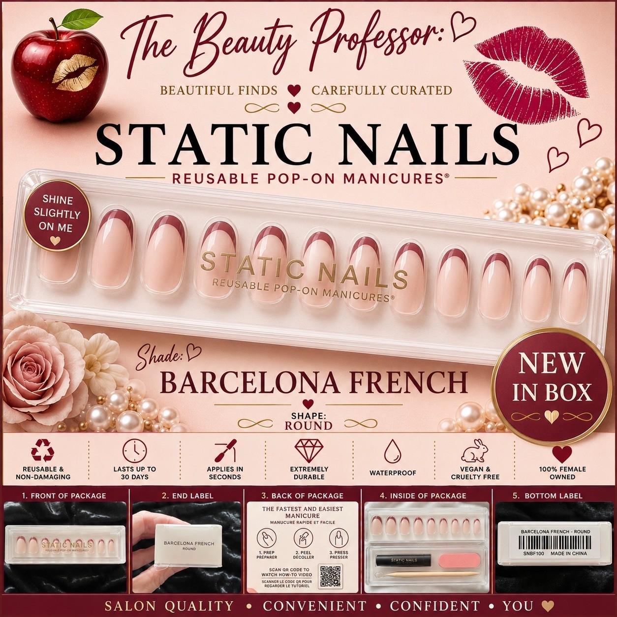 💋 Static Nails Barcelona French Round Reusable Pop-On Nails New In Box